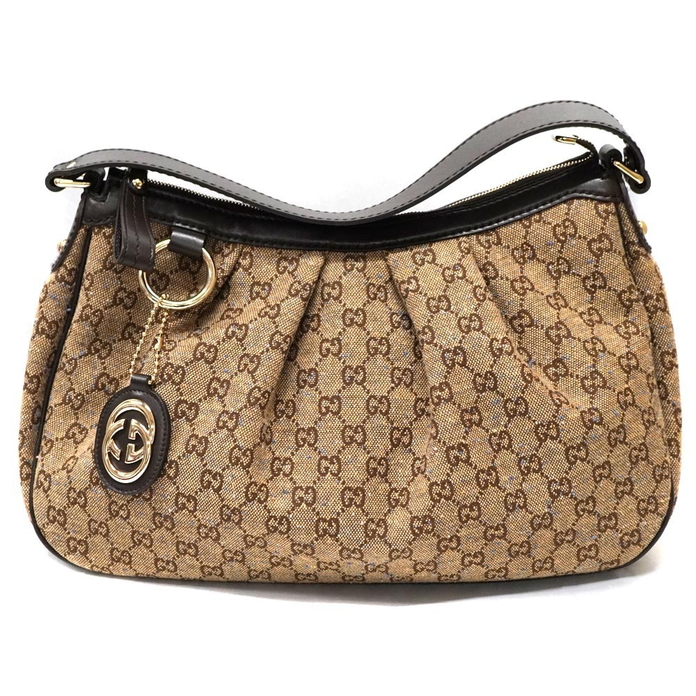 GUCCI Hobo Bag Beige Brown Blue Sukey Canvas Leather